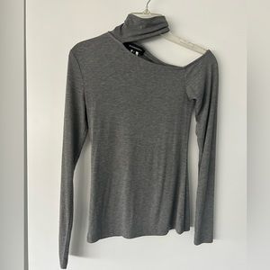 BCBG gray, long sleeve, asymmetrical, mock turtleneck ribbed knit top.